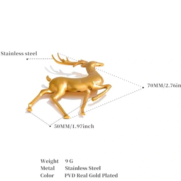 Christmas Reindeer 18K Gold Stainless Steel Waterproof Brooch - Picture 3 of 9